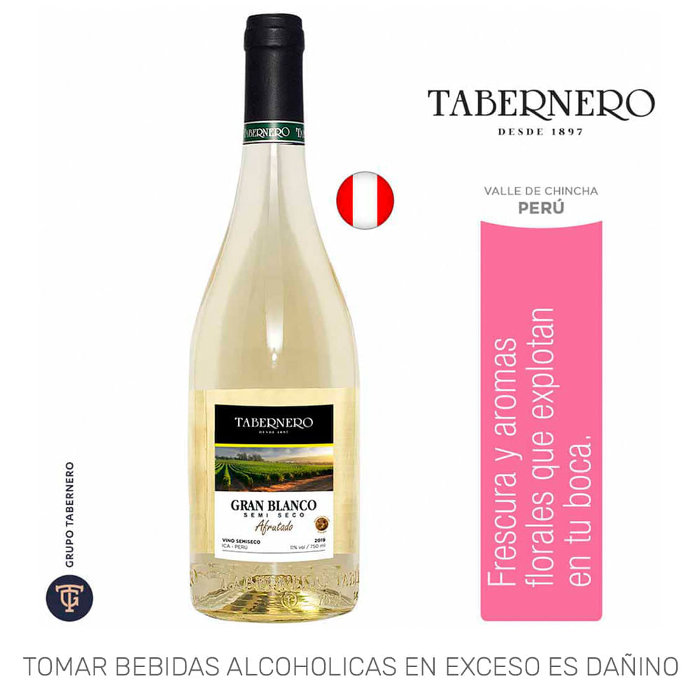 Vino Blanco TABERNERO Gran Blanco Semi Seco Botella 750ml Vino Blanco TABERNERO Gran Blanco Semi Seco Botella 750ml
