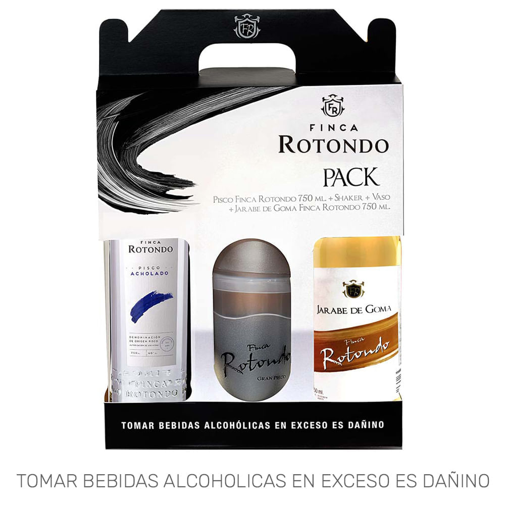 Pack Pisco FINCA ROTONDO Pisco Quebranta Botella 750ml + Jarabe de Goma + Vaso + Shaker