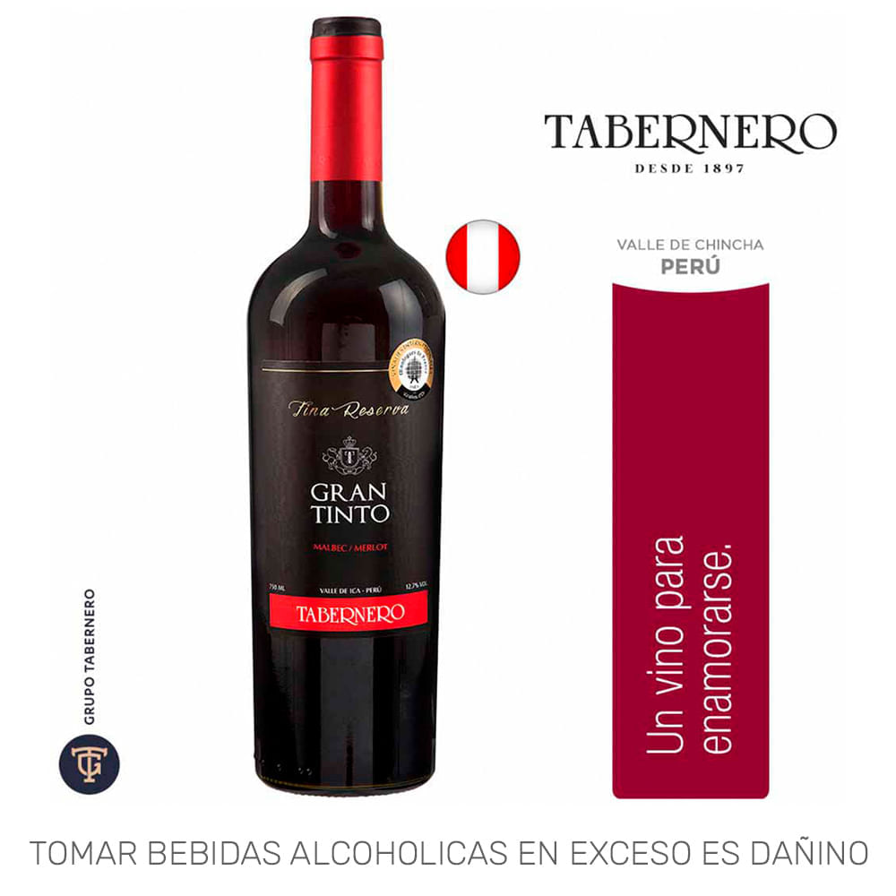Vino Tinto GRAN TINTO Malbec Merlot Reserva Botella 750ml Vino Tinto GRAN TINTO Malbec Merlot Reserva Botella 750ml