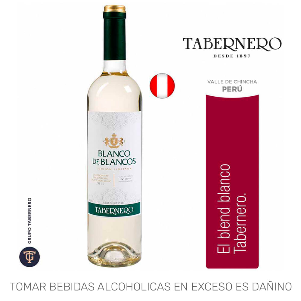 Vino Blanco TABERNERO Blanco de Blancos Chardonnay Chenin Blanc Sauvignon Blanc Botella 750ml