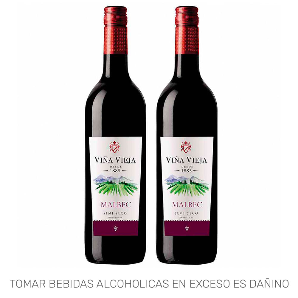Vino Tinto VIÑA VIEJA Malbec Semi Seco Botella 750ml Paquete 2un Vino Tinto VIÑA VIEJA Malbec Semi Seco Botella 750ml Paquete 2un