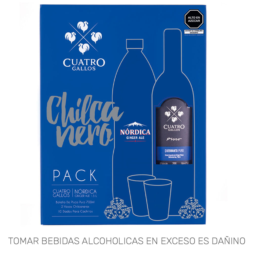 Pack Pisco CUATRO GALLOS Quebranta Botella 700ml + Gaseosa Nórdica Botella 1.5L + Vaso + Dados Pack Pisco CUATRO GALLOS Quebranta Botella 700ml + Gaseosa Nórdica Botella 1.5L + Vaso + Dados