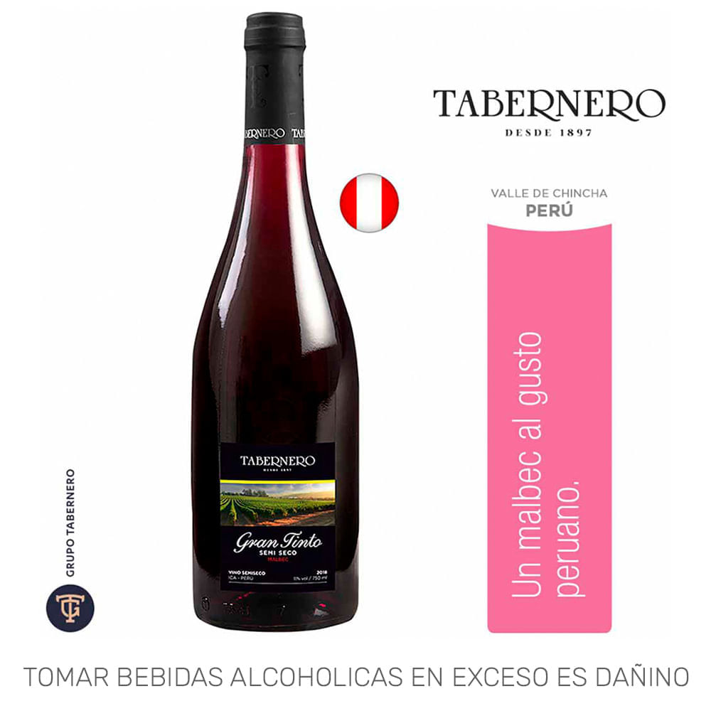 Vino Tinto TABERNERO Gran Tinto Semi Seco Botella 750ml