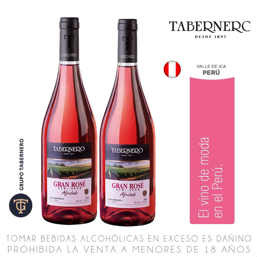 Pack Vino Rosé TABERNERO Gran Rosé Semi Seco Botella 750ml Pack 2un Pack Vino Rosé TABERNERO Gran Rosé Semi Seco Botella 750ml Pack 2un