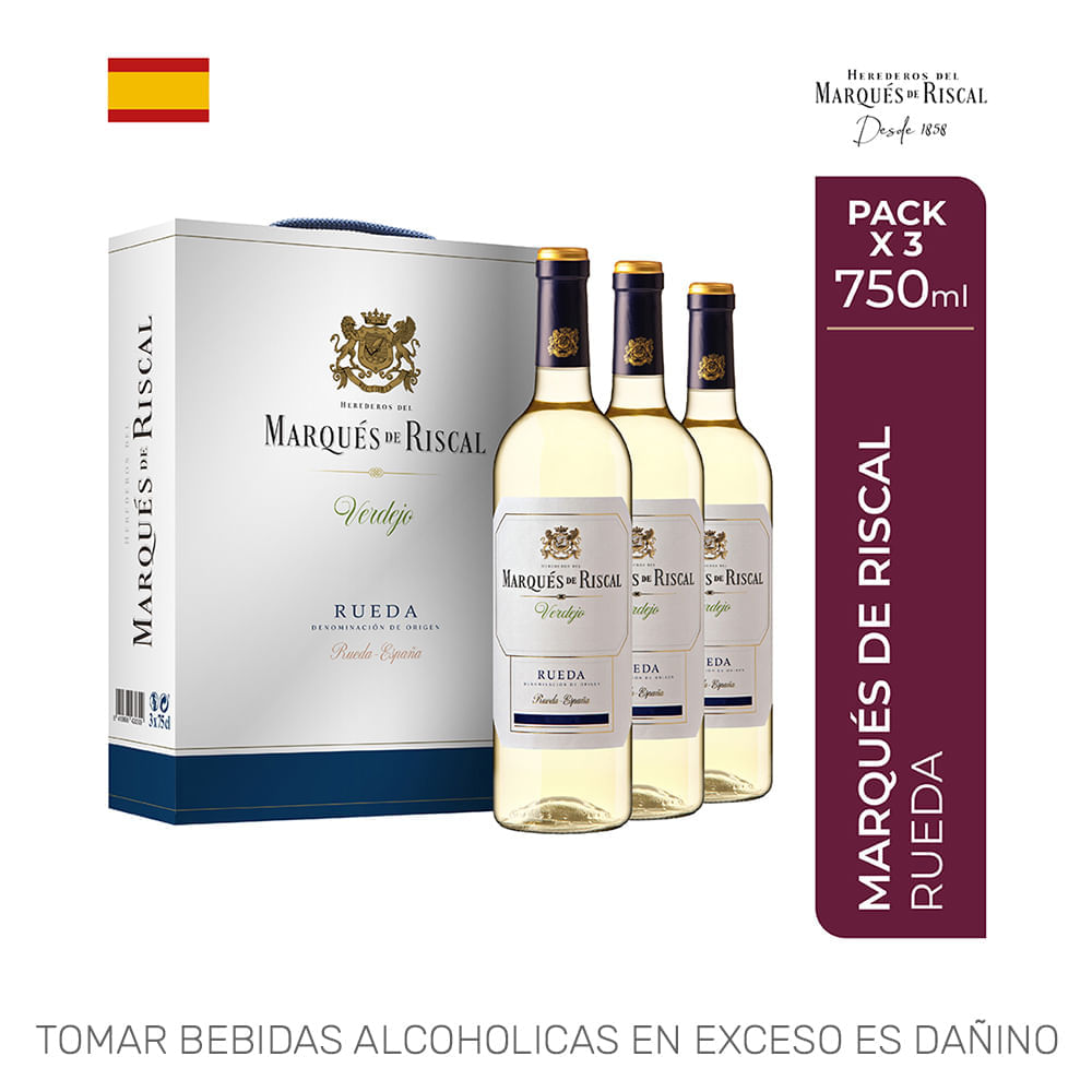 Vino Blanco MARQUÉS DE RISCAL Verdejo Seco Botella 750ml Pack x 3un