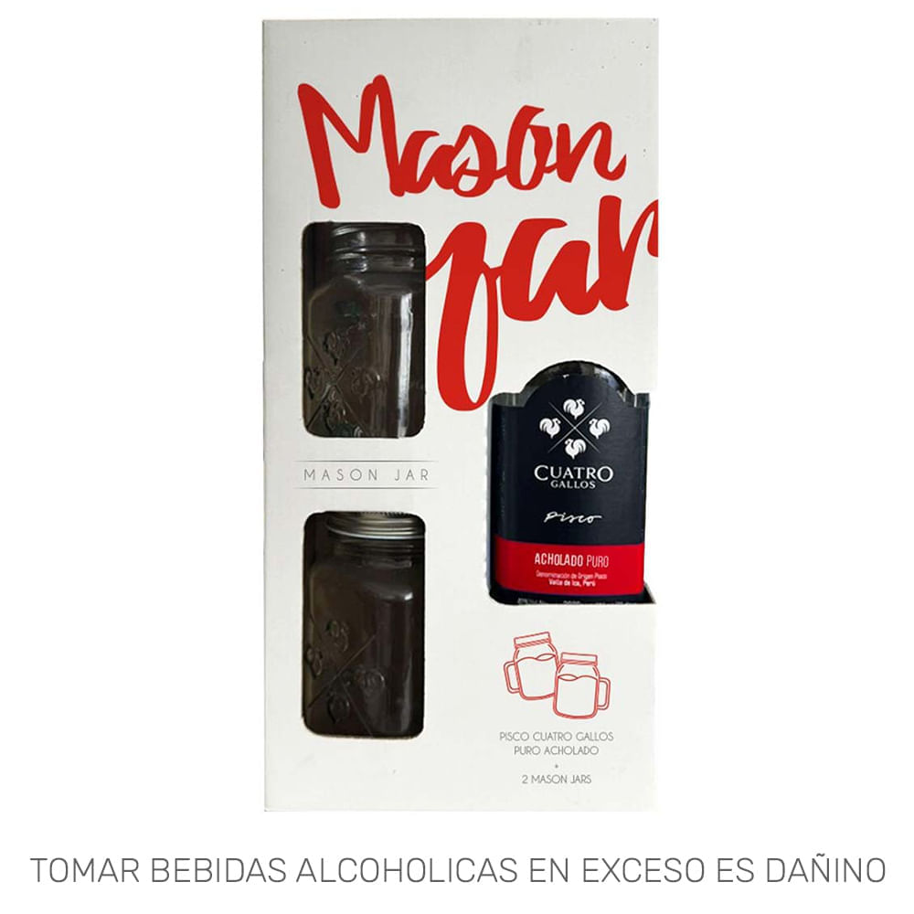 Pack CUATRO GALLOS Acholado 700ml + 2 Jarras MASON JAR
