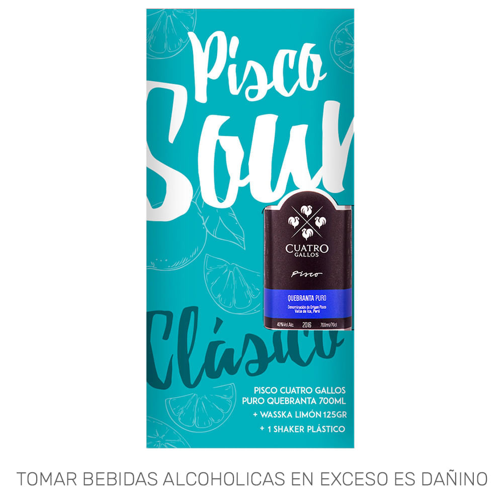 Pack Pisco CUATRO GALLOS Puro Quebranta Botella 700ml + Mix WASSKA Limón Sobre 125g Pack Pisco CUATRO GALLOS Puro Quebranta Botella 700ml + Mix WASSKA Limón Sobre 125g