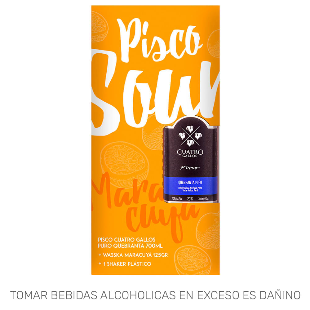 Pack Pisco CUATRO GALLOS Puro Quebranta Botella 700ml + Mix WASSKA Maracuyá Sobre 125g Pack Pisco CUATRO GALLOS Puro Quebranta Botella 700ml + Mix WASSKA Maracuyá Sobre 125g