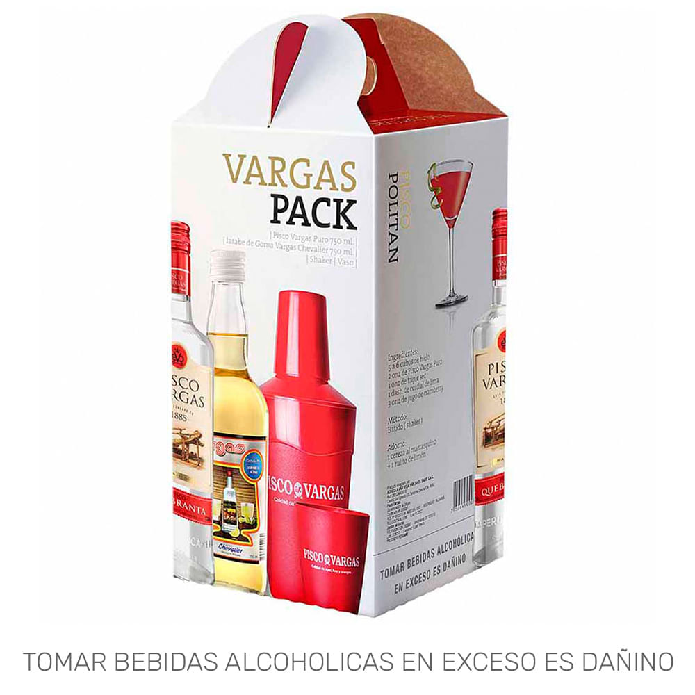 Pack Pisco VARGAS Pisco Quebranta Botella 750ml + Jarabe de Goma + Vaso + Shaker