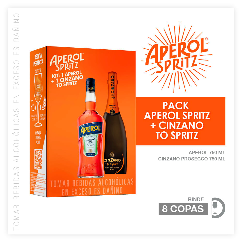 Pack Licor APEROL Botella 750ml + Espumante CINZANO To-Spritz Botella 750ml Pack Licor APEROL Botella 750ml + Espumante CINZANO To-Spritz Botella 750ml