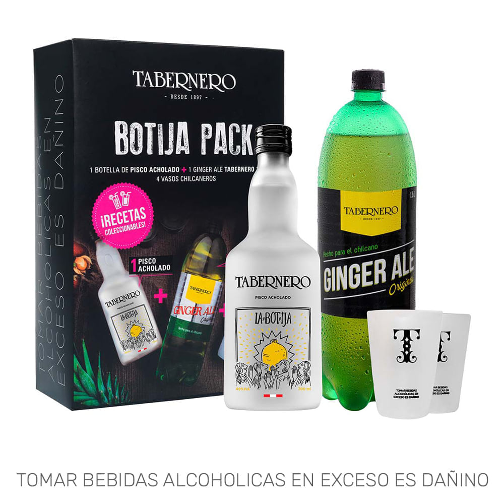 Pack Pisco LA BOTIJA Tabernero acholado Botella 700ml + Ginger Ale TABERNERO Botella 1.5L + 2 Vasos Chilcaneros