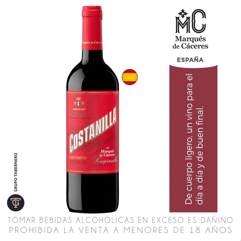 Vino Tinto MÁRQUES DE CACERES Costanilla Botella 750ml Vino Tinto MÁRQUES DE CACERES Costanilla Botella 750ml
