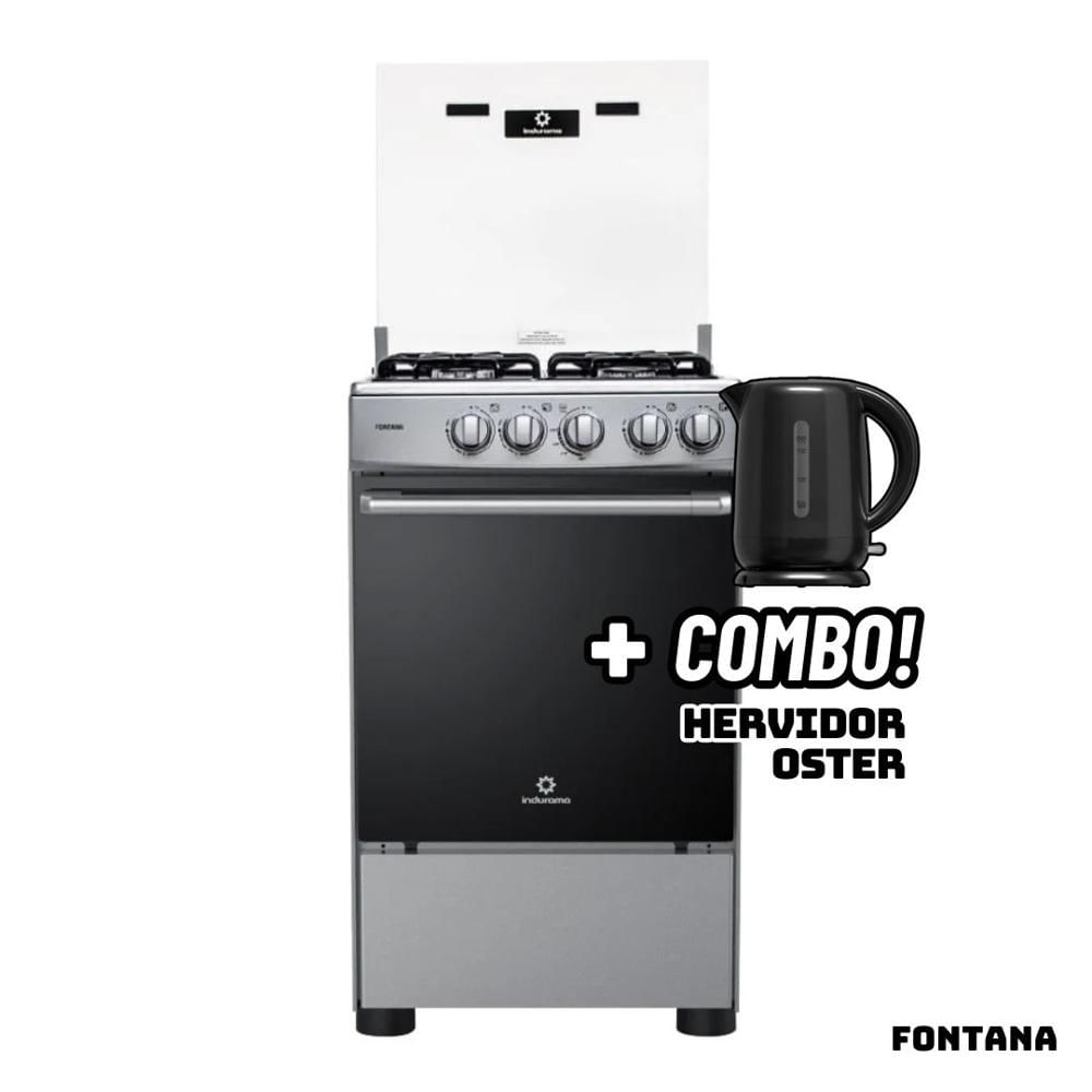 Cocina De Pie INDURAMA a Gas 4 Hornillas FONTANA + Hervidor OSTER NEGRO