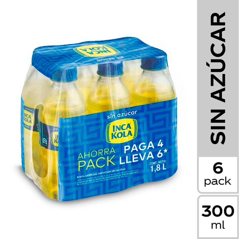 Gaseosa INCA KOLA Sin Azúcar Botella 300ml Paquete 6un Gaseosa INCA KOLA Sin Azúcar Botella 300ml Paquete 6un