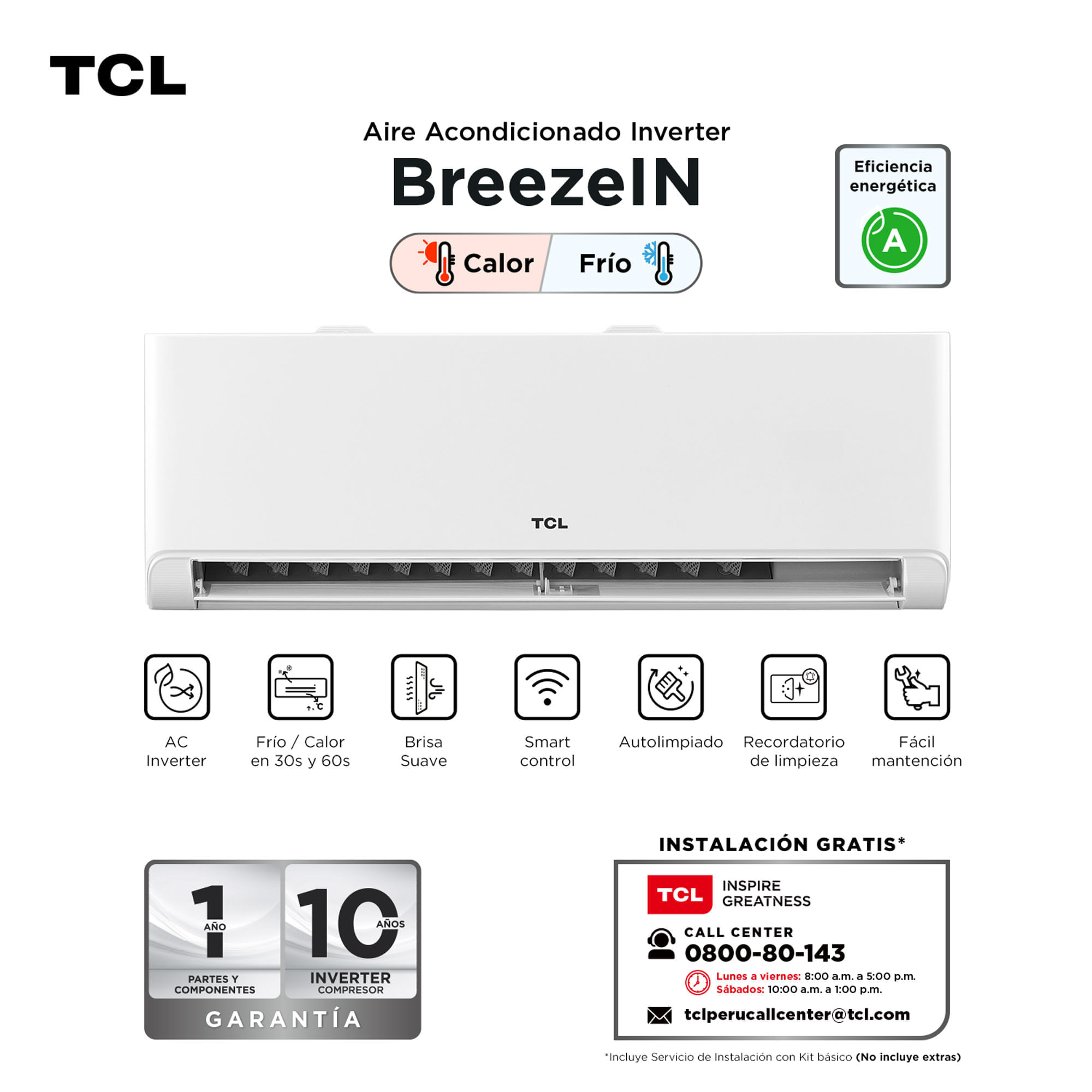 Climatizador Smart TCL Calor Frío 12000 BTU BreezeIN Split Inverter TAC-12CHSAI