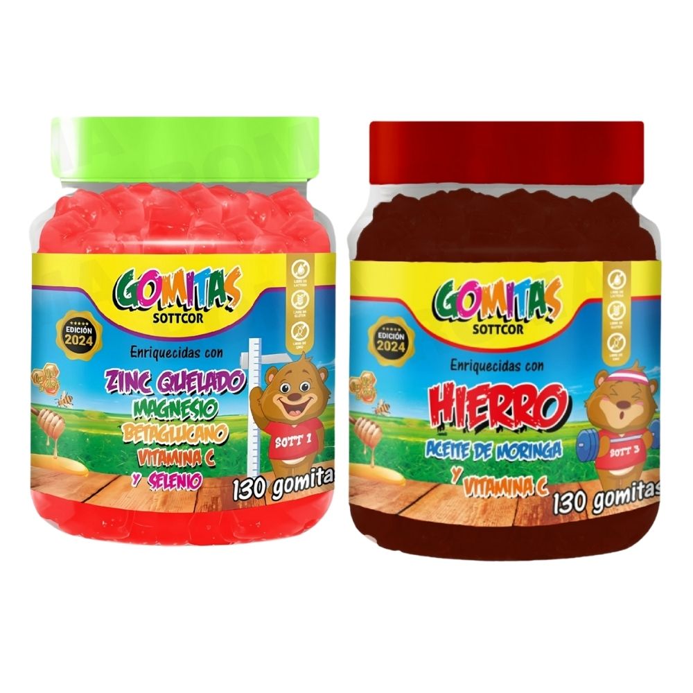 PACK 2 GOMITAS ZINC QUELADO NIÑOS  + HIERRO ADULTOS 260 UND