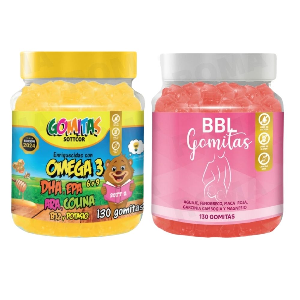 PACK 2 GOMITAS VITAMINAS PARA NIÑOS + GOMITAS AGUAJE BBL 260 UND