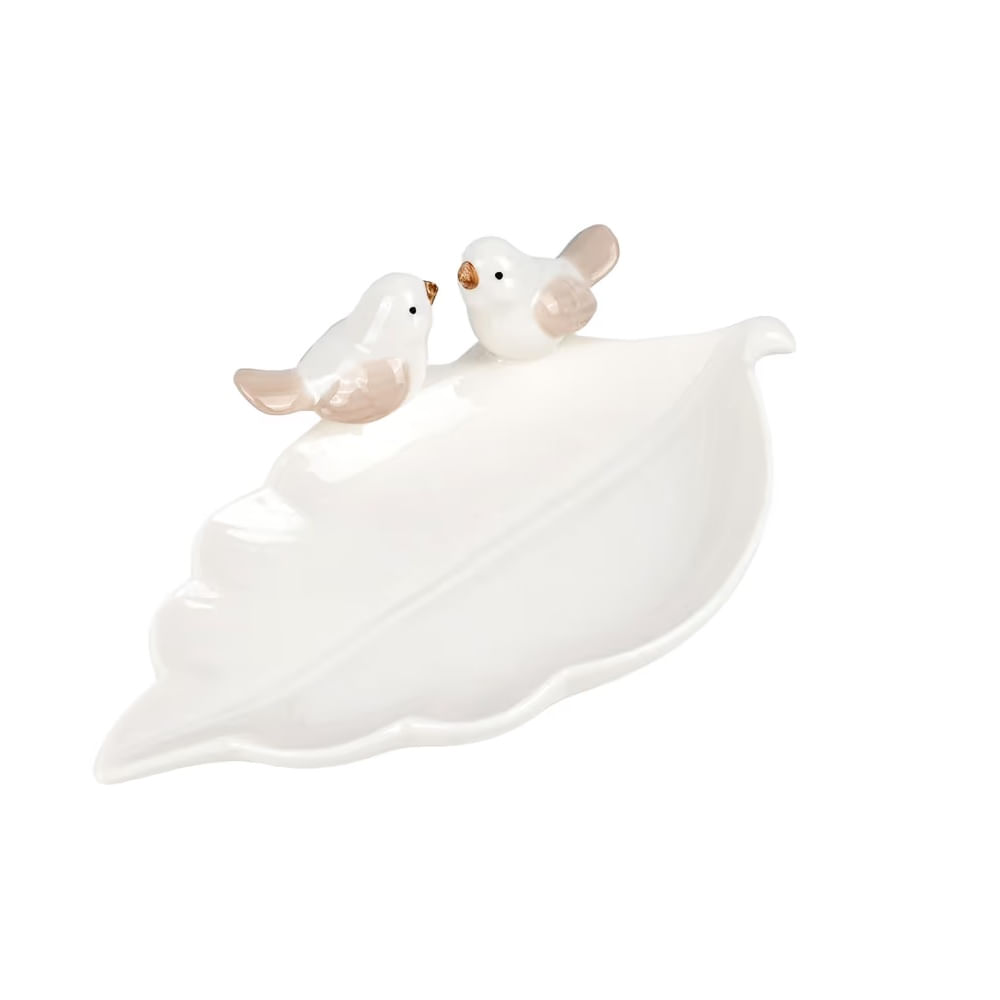 SAN VALENTIN - Vandeja de porcelana con diseño hojas y aves blanco