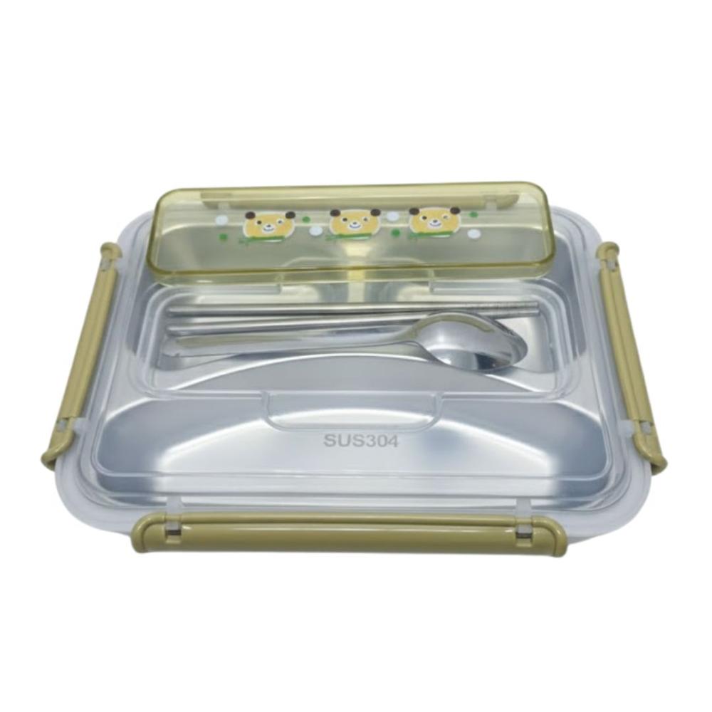 Táper con 3 Divisiones Compartimientos Cubiertos Cuchara y Palillos Lonchera Personal Verde