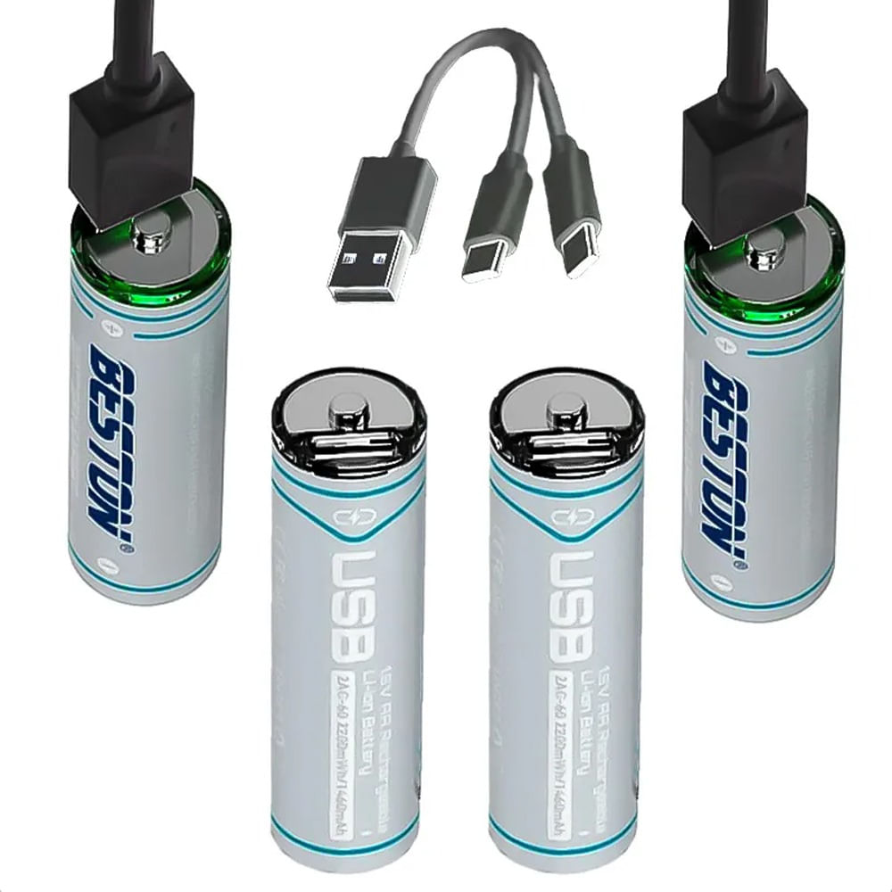 4 Baterias de Litio Recargable AA Pila 1.5V 2200mWh BESTON USB TIPO C