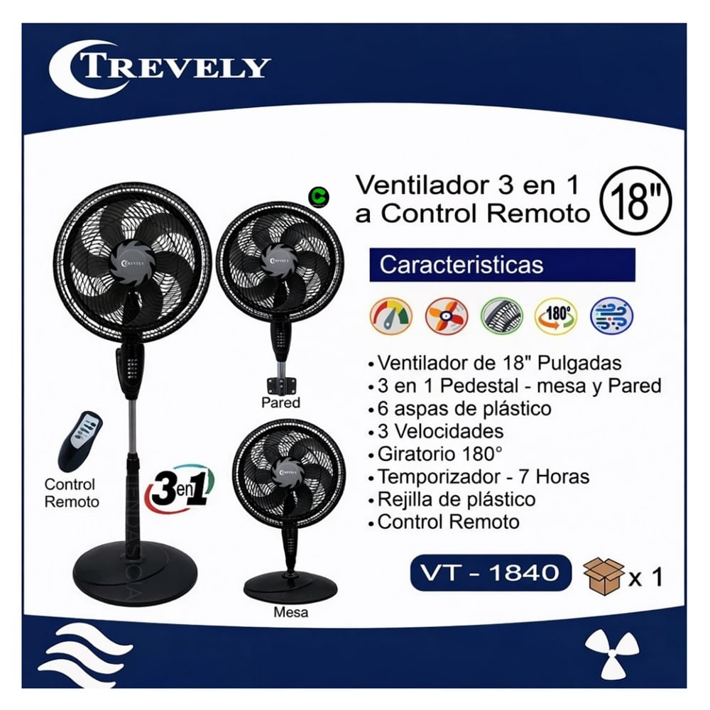 Ventilador 3 en 1 TREVELY VT-1840 Con Control Remoto