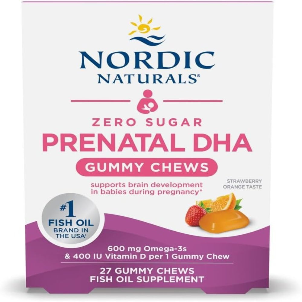 Nordic Naturals Zero Sugar DHA - Gomitas prenatales de vitamina sabor fresa y naranja
