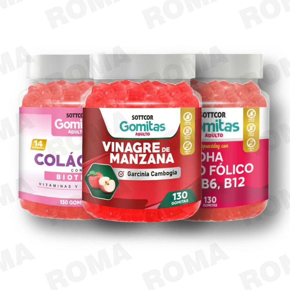 PACK 3 GOMITAS VINAGRE DE MANZANA, COLAGENO Y GOMITAS DHA SOTTCOR LABS