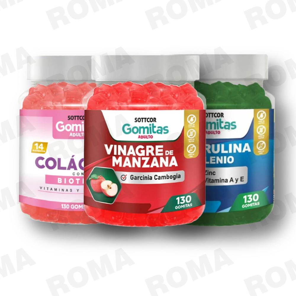 PACK 3 GOMITAS VINAGRE DE MANZANA, COLAGENO Y ESPIRULINA SOTTCOR LABS
