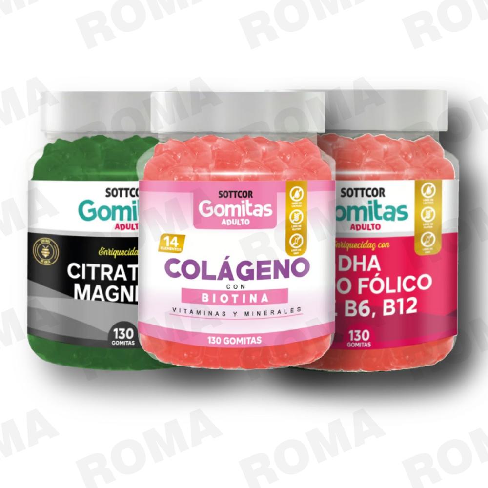 PACK 3 GOMITAS COLAGENO, CITRATO DE MAGNESIO Y GOMITAS DHA SOTTCORLABS
