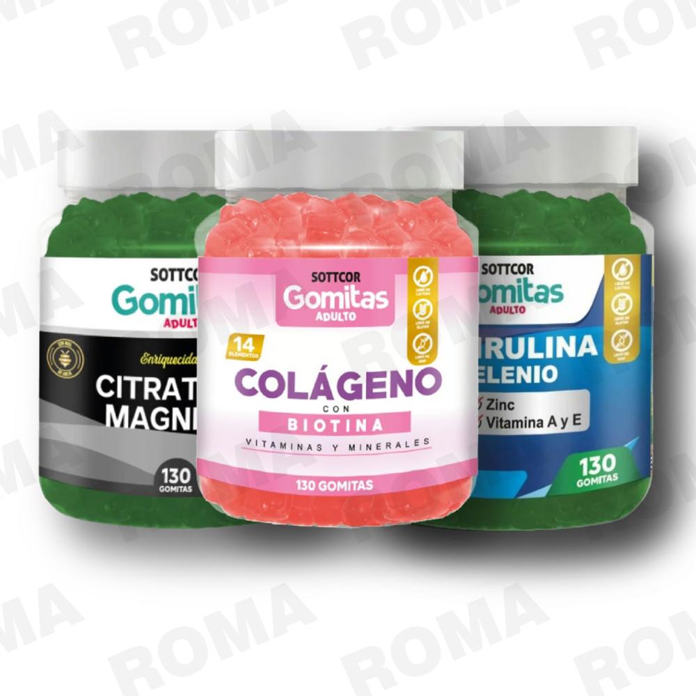 PACK 3 GOMITAS COLAGENO, CITRATO DE MAGNESIO Y ESPIRULINA SOTTCOR LABS