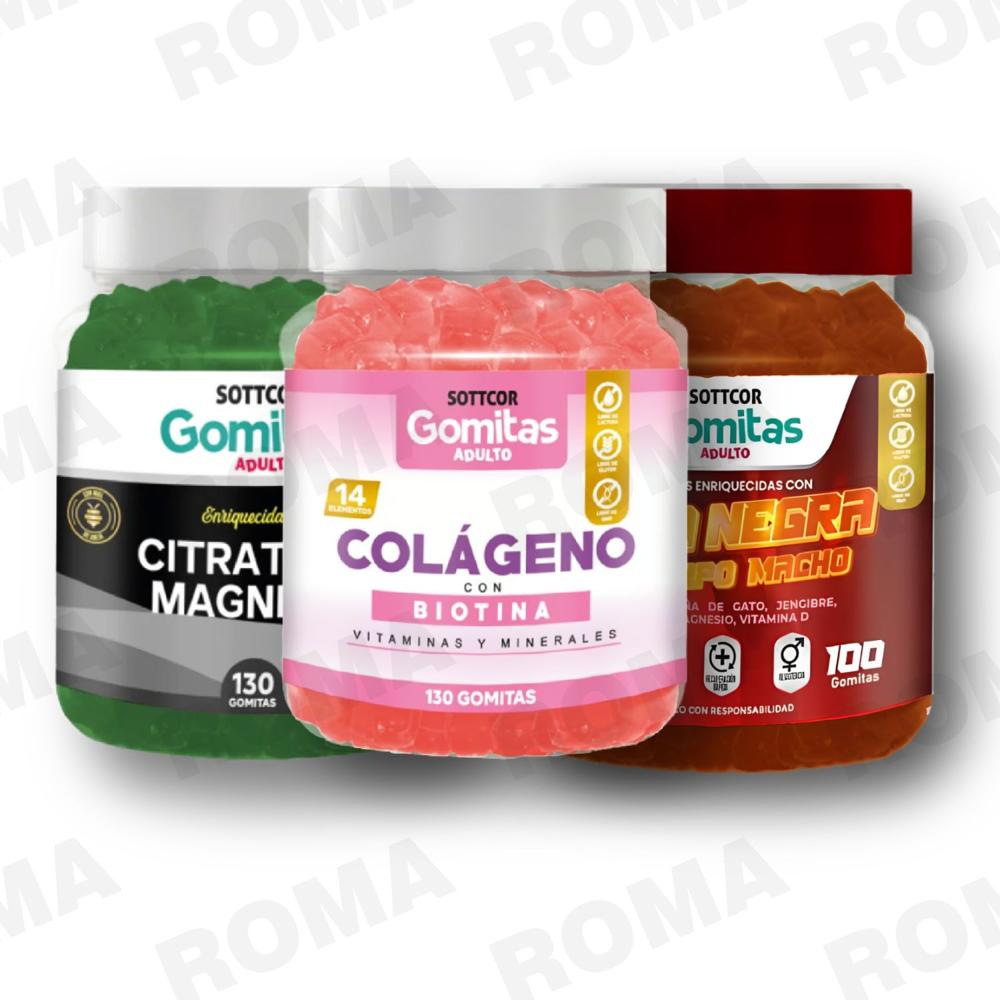 PACK 3 GOMITAS COLAGENO, CITRATO DE MAGNESIO Y MACA NEGRA SOTTCORLABS