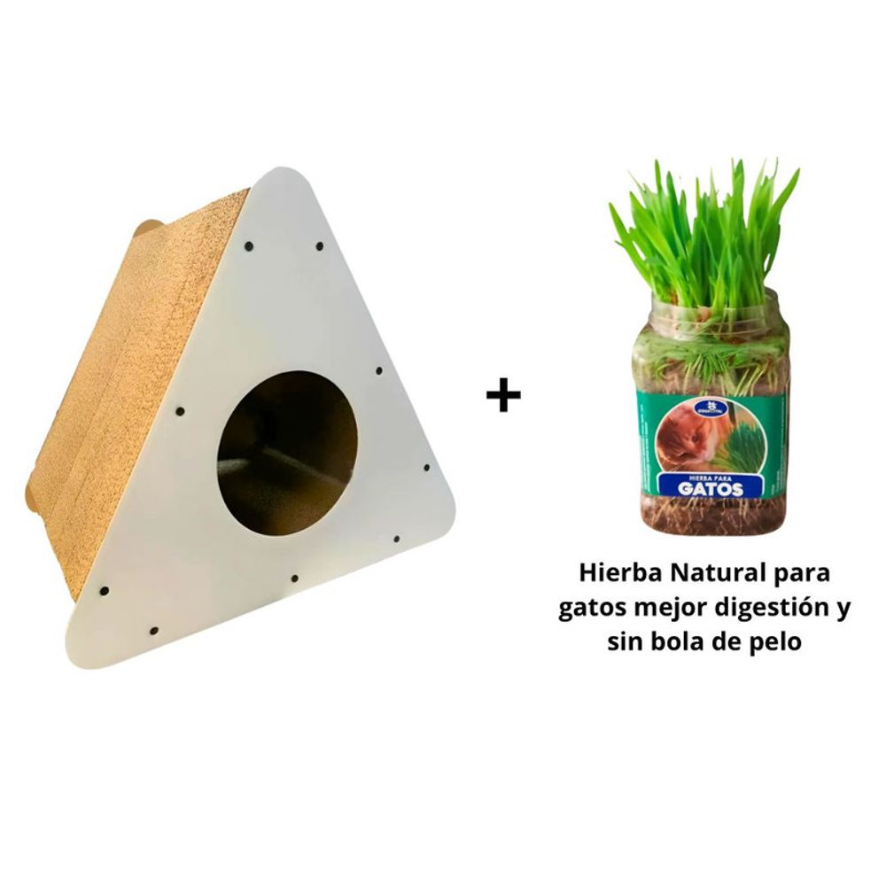Pack Rascador Triángulo Blanco más Hierba Natural Para Gatos Pack Rascador Triángulo Blanco más Hierba Natural Para Gatos