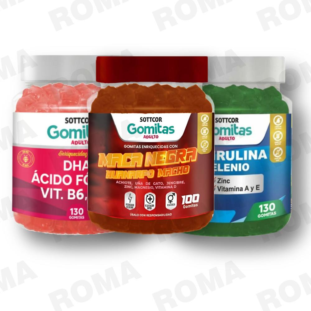 PACK 3 GOMITAS MACA NEGRA, DHA Y ESPIRULINA SOTTCOR LABS