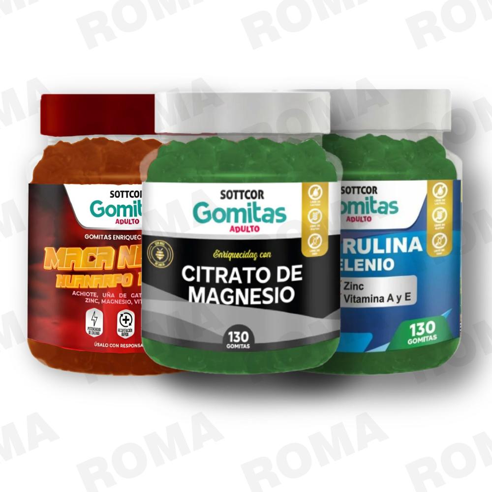 PACK 3 GOMITAS CITRATO DE MAGNESIO MACA NEGRA Y ESPIRULINA SOTTCORLABS