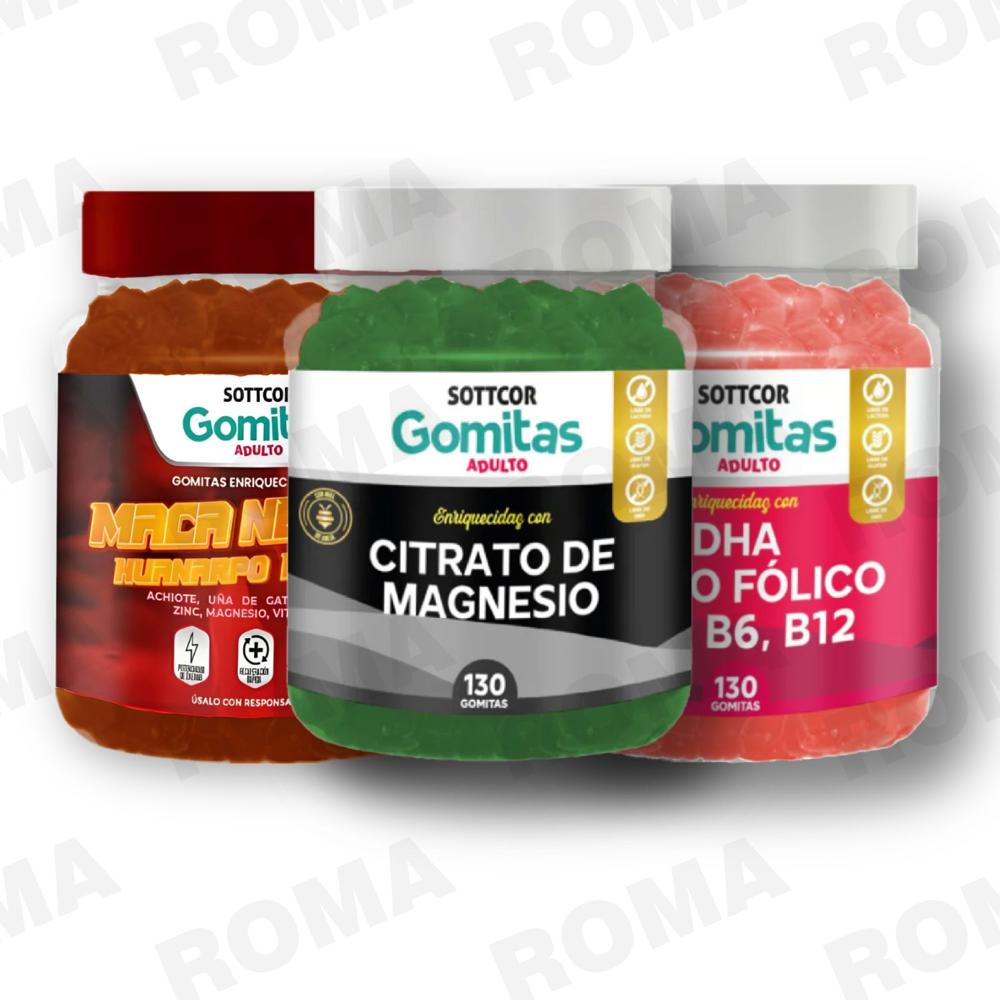 PACK 3 GOMITAS CITRATO DE MAGNESIO, MACA NEGRA Y  DHA SOTTCORLABS