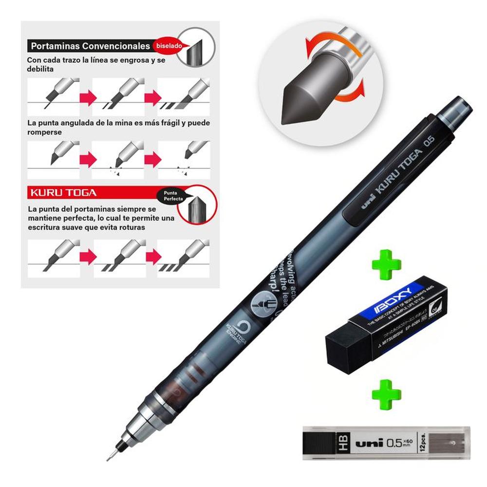 UNI Kurutoga Portaminas auto-tajable Negro mas Borrador Boxy y Minas HB UNI Kurutoga Portaminas auto-tajable Negro mas Borrador Boxy y Minas HB