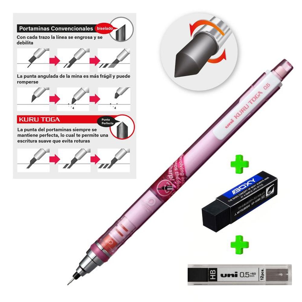 UNI Kurutoga Portaminas auto-tajable Rosado mas Borrador Boxy y Minas HB UNI Kurutoga Portaminas auto-tajable Rosado mas Borrador Boxy y Minas HB