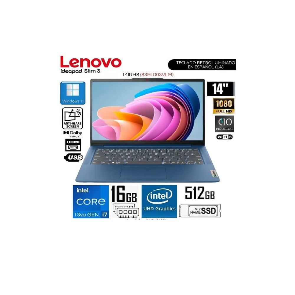 LENOVO IDEAPAD SLIM 3 14IRH8 INTEL COREI7-13620H 16GB 512SSD  PANTALLA 14 FHD WIN 11
