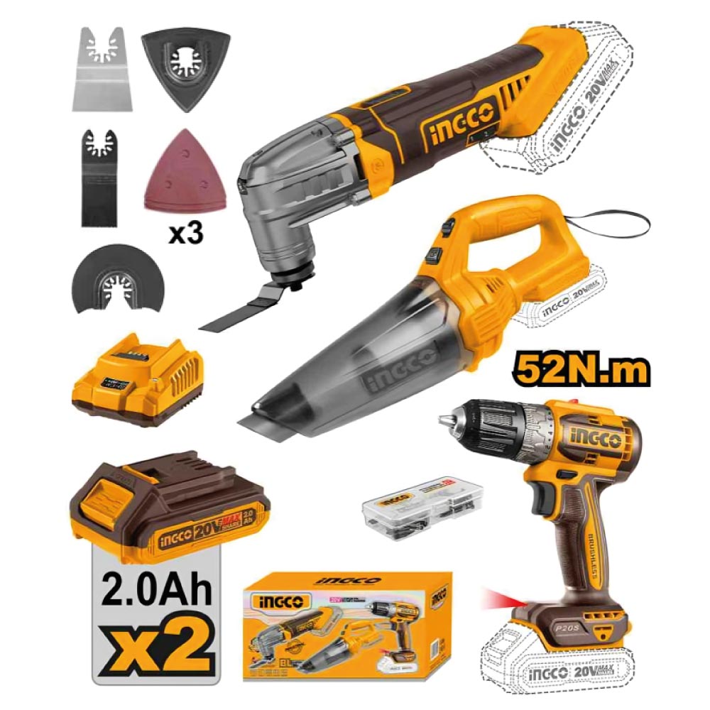 Kit Taladro Atornillador Brushless Ingco 20V 52NM + Herramienta Multifunción + Aspirador COSLI240685 Kit Atornillador Brushless Ingco 20V 52NM con Herramienta Multifunción con Aspirador COSLI240685 Kit Taladro Atornillador Brushless Ingco 20V 52NM + Herramienta Multifunción + Aspirador COSLI240685 Kit Atornillador Brushless Ingco 20V 52NM con Herramienta Multifunción con Aspirador COSLI240685