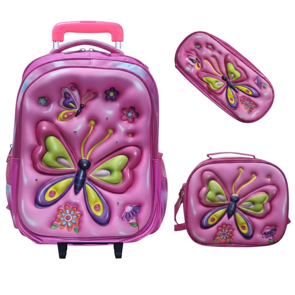 Mochila con Ruedas para Niños y Niñas Multipack 3 en 1 Diseño Mariposas Regreso a Clases