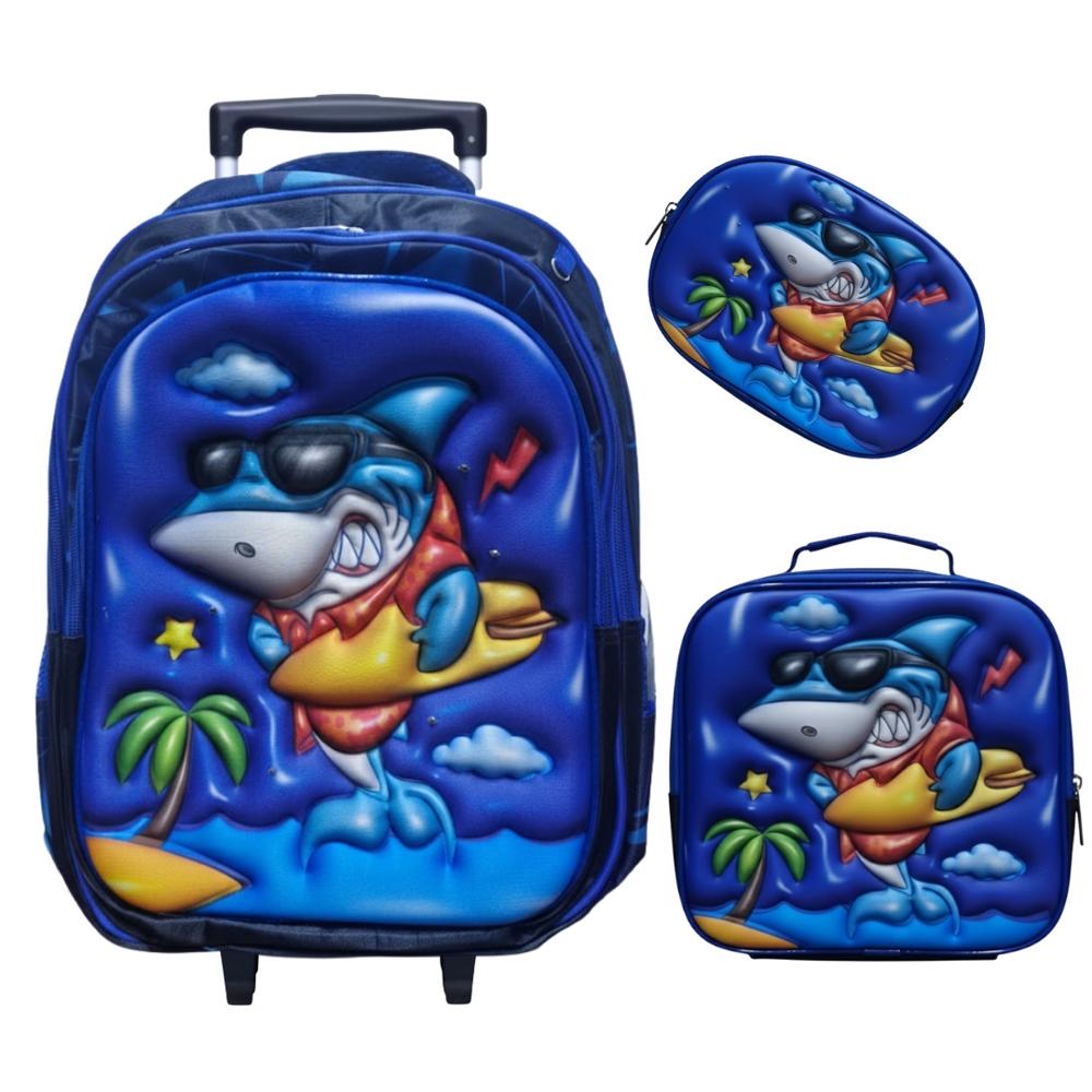 Mochila con Ruedas para Niños y Niñas Multipack 3 en 1 Diseño Tiburón Playero Regreso a Clases