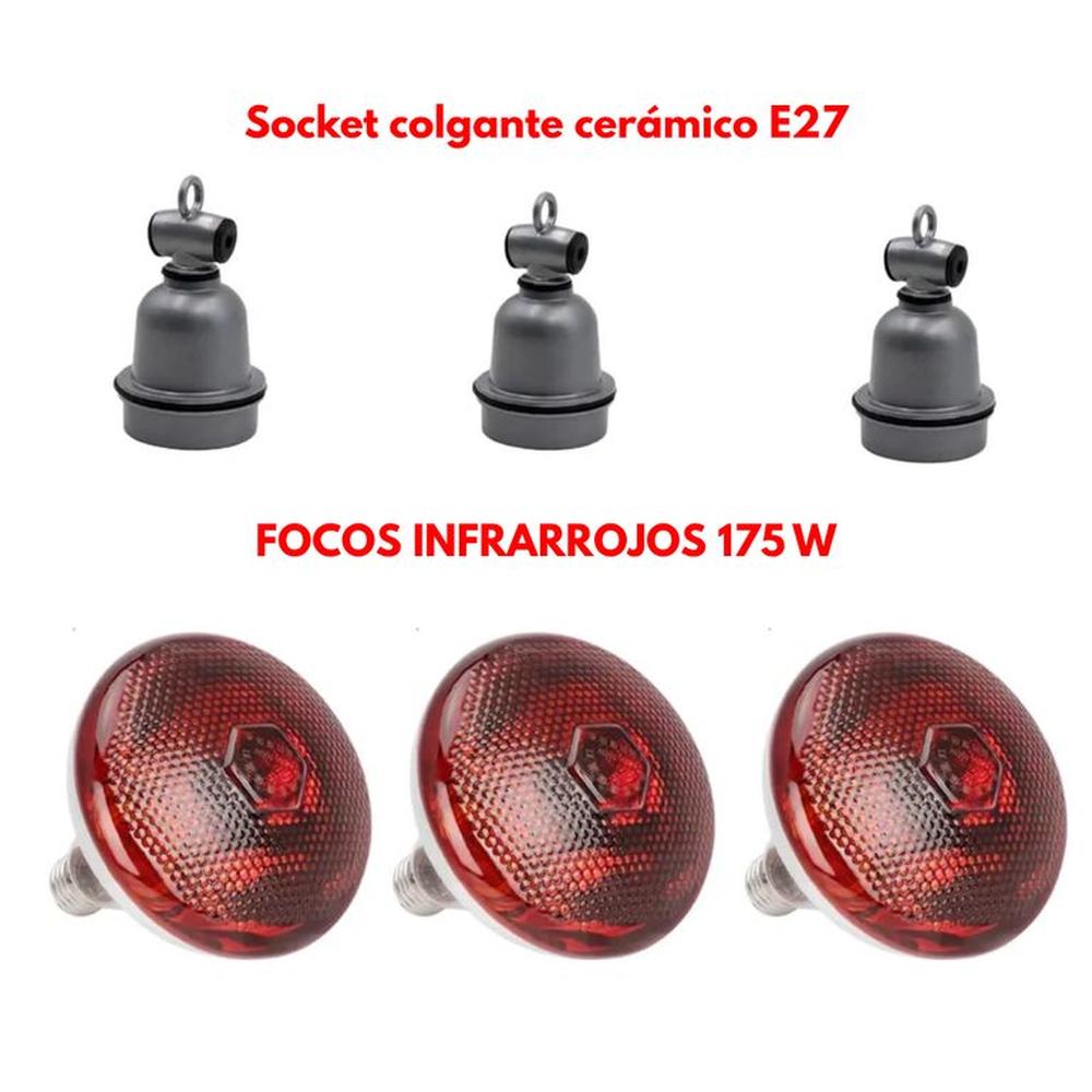 COMBO 3 SOCKETS CERÁMICOS E27 3 FOCOS INFRARROJOS 175W