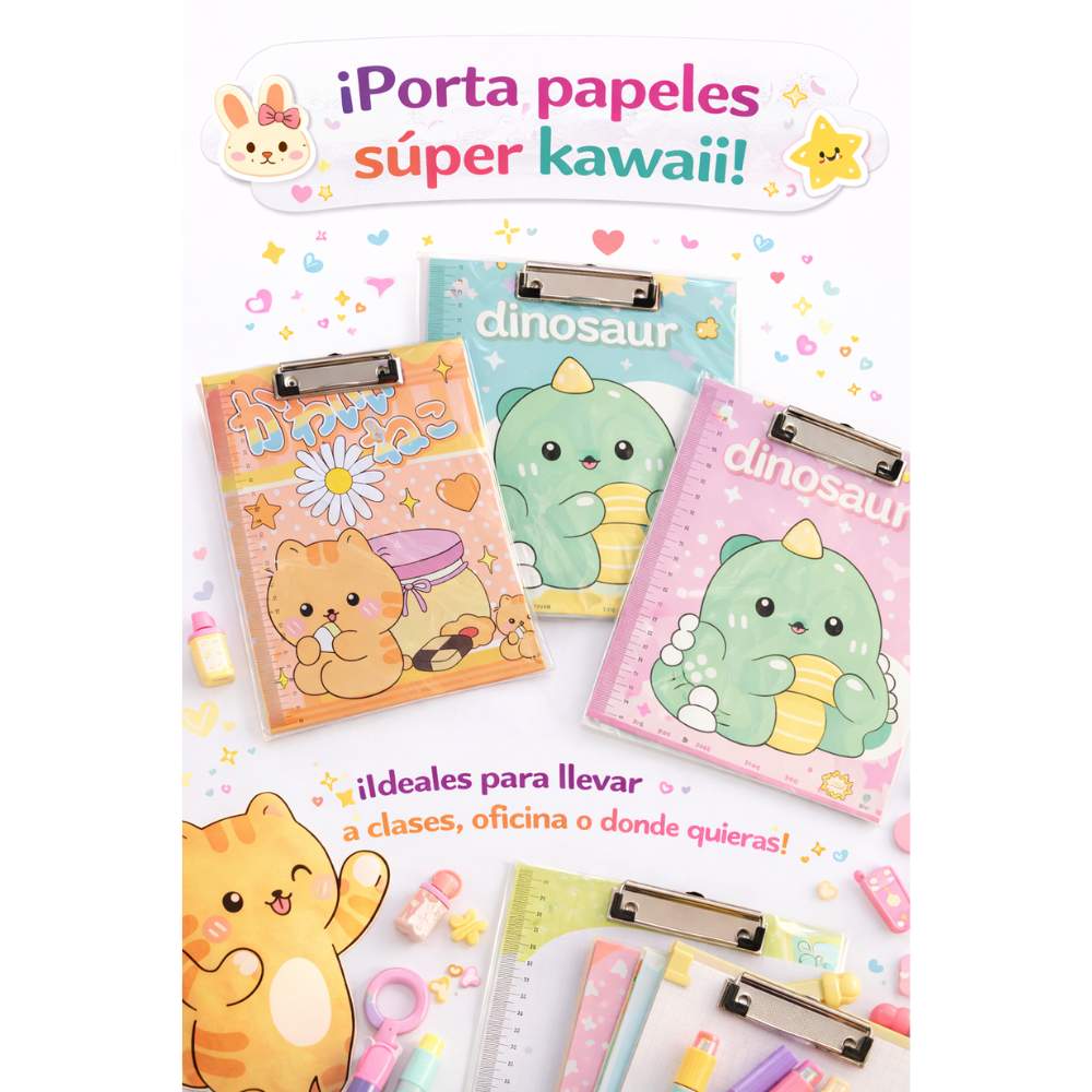 Tablero porta documentos kawaii con clip Pack x 3 diseños Tablero porta documentos kawaii con clip Pack x 3 diseños
