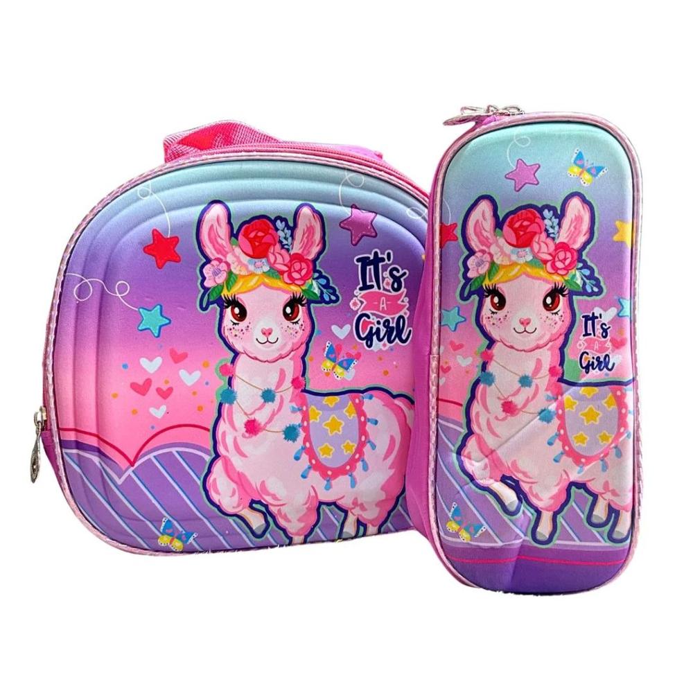 Set Mochila Mariposa 3d Lonchera Estuche Con Relieve Y Luces figura llama