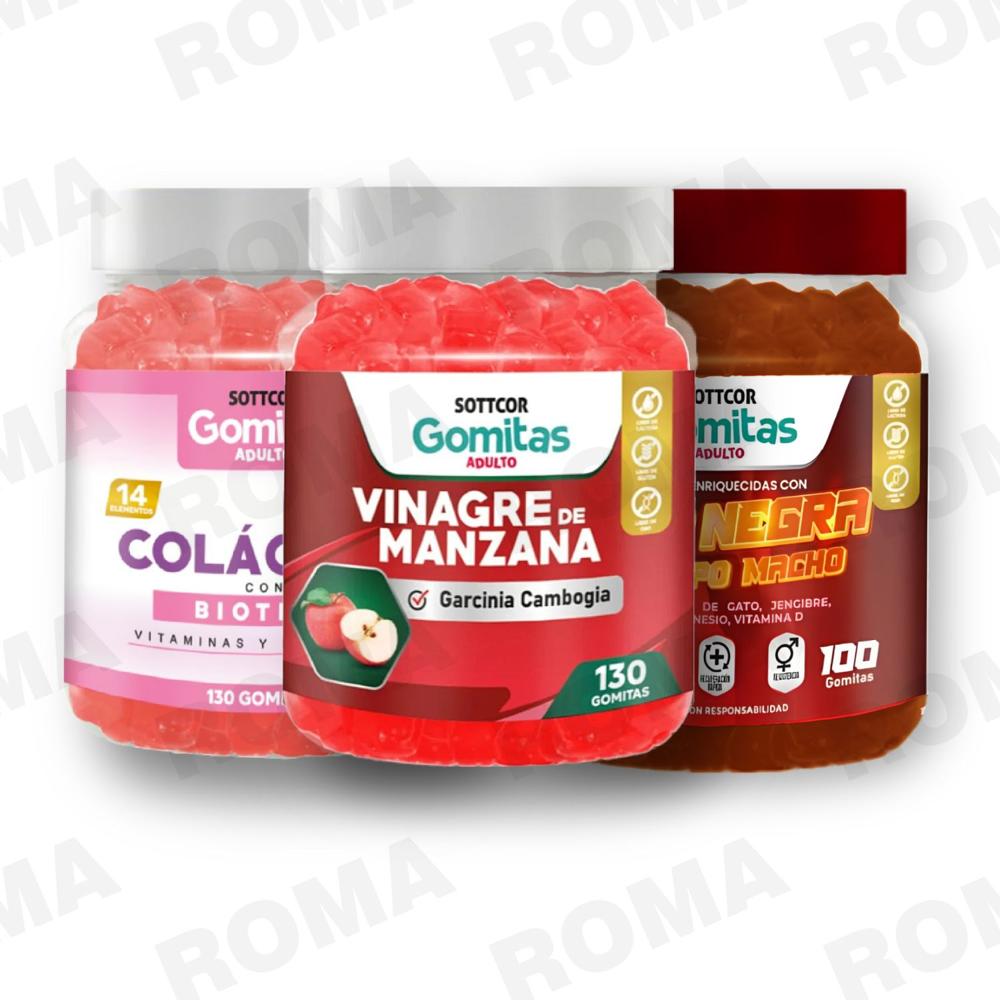 PACK 3 GOMITAS VINAGRE DE MANZANA, COLAGENO Y MACA NEGRA SOTTCOR LABS
