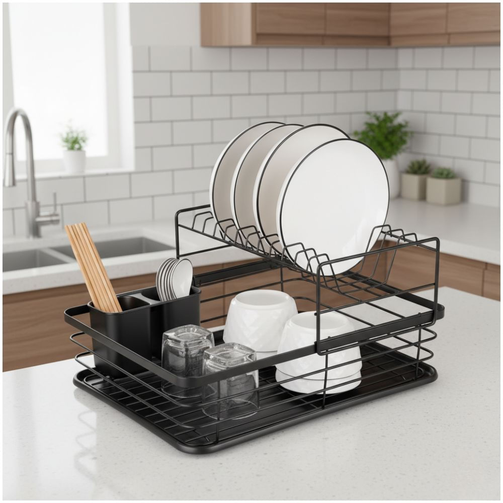 Escurridor de Platos Acero al Carbono 2 Niveles Bandeja de Goteo 22.5x31.5x42.5cm