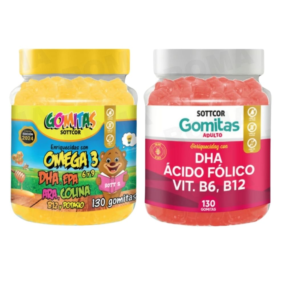 PACK 2 GOMITAS VITAMINAS PARA NIÑOS + DHA ACIDO FOLICO 260 UND