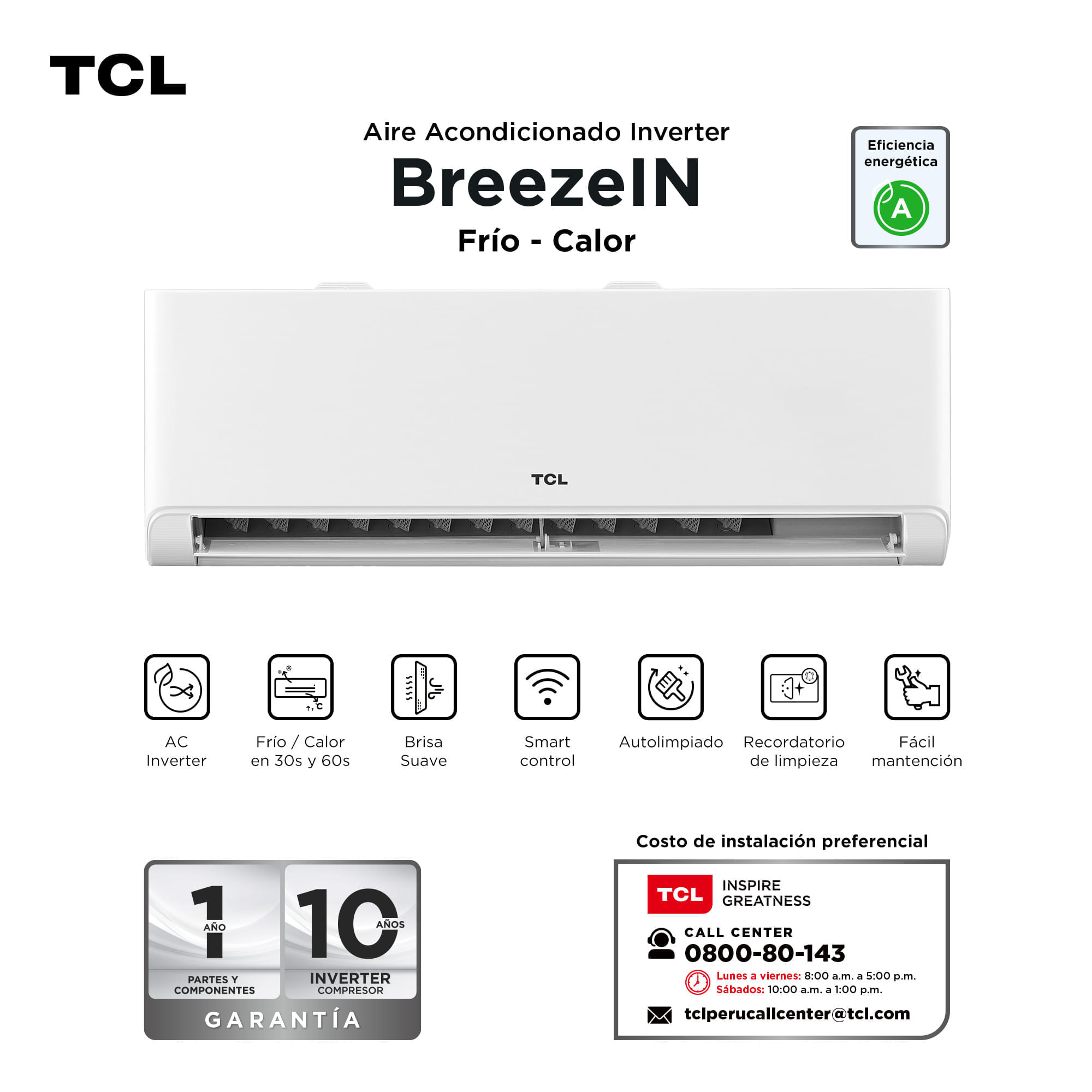 Climatizador Smart TCL Calor Frío 24000 BTU BreezeIN Split Inverter TAC-24CHSAI