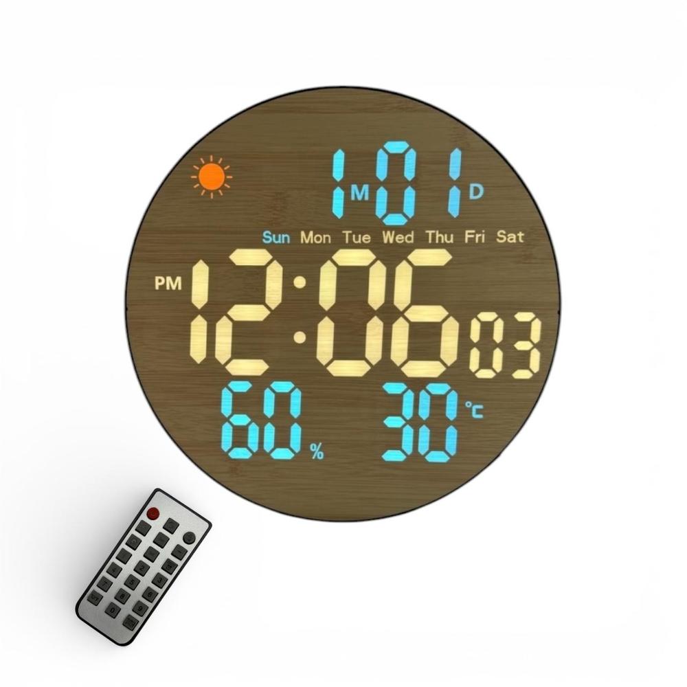 Reloj de Pared Redondo - Color Madera y LED Azul - Temperatura Fecha