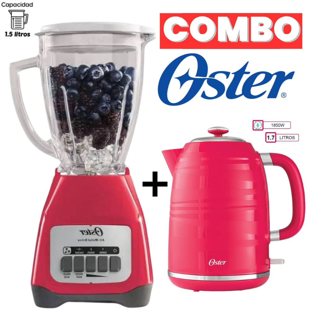 COMBO OSTER LICUADORA 1.5LT 2 VELOCIDADES MÁS HERVIDOR 1.7LT COLOR SANDIA MOD BLSTKAG